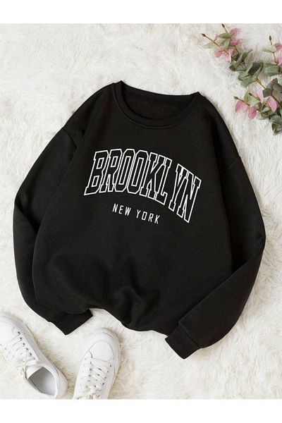 Sweetline Brooklyn New York Sweatshirt - Black Printed Oversize Winter Thick Cycling Lame