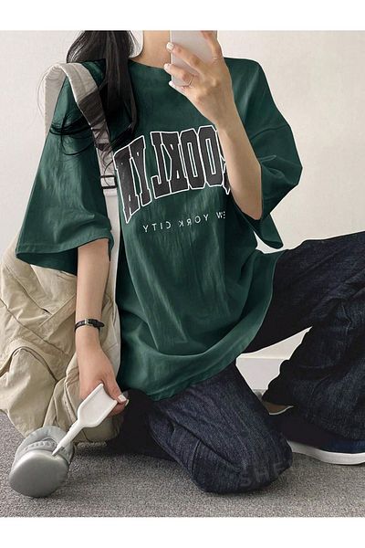 DUBU BUTİK Brooklyn Letter Single Jersey T-Shirt - Green Printed Oversize Crew Neck T-Shirt