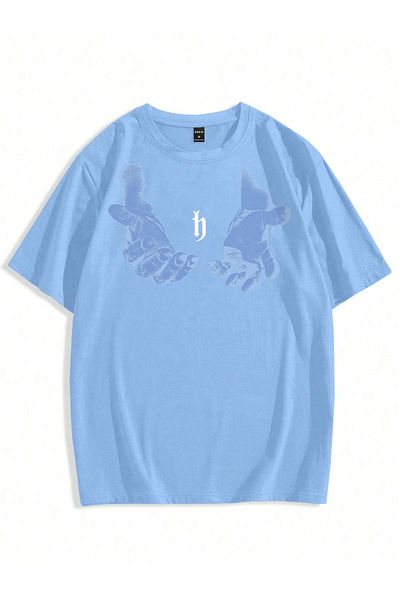 VBSVİBES Ανδρικό μπλουζάκι με στάμπα χεριών Oversize Baby Blue - Μπλουζάκι με κοντό μανίκι με λαιμόκοψη