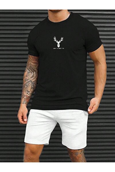 Sweetline Σορτς μπλουζάκι με λογότυπο ελαφιού - Ασπρόμαυρο μπλουζάκι με μπλουζάκι με στάμπα με λαιμόκοψη