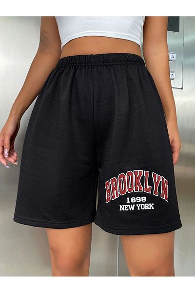 DUBU BUTİK Brooklyn 1898 Combed Cotton Shorts - Black Printed Short Without Cord