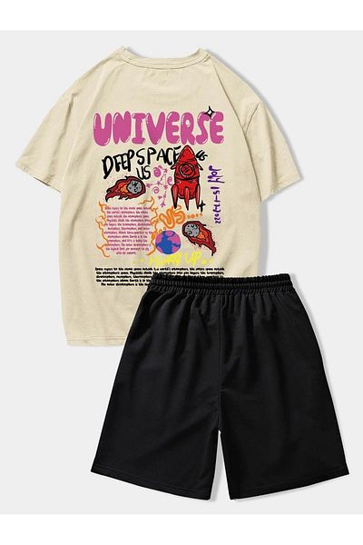 Sweetline Universe Rocket T-Shirt Σορτς - Μπεζ μαύρο κάτω μπλουζάκι μπλουζάκι μπλουζάκι με στάμπα με λαιμόκοψη