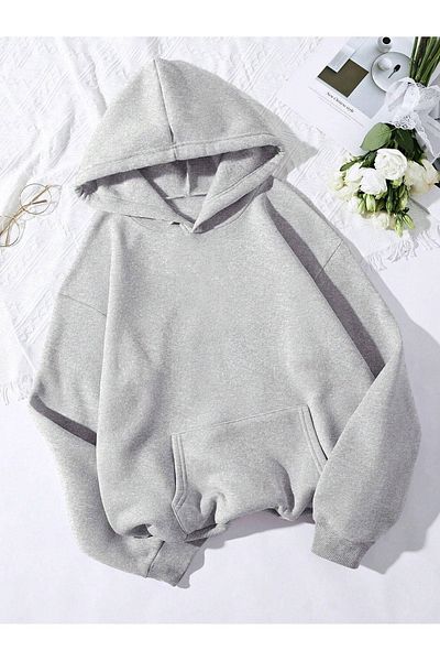 Sweetline Απλό φούτερ χωρίς σχέδια - Γκρι Oversize Χειμερινή χοντρή κουκούλα
