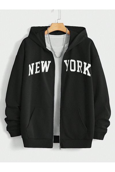 VBSVİBES New York Zippered Cardigan Sweatshirt - Black Printed Oversize Winter Thick Hoodie