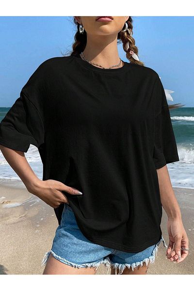 DUBU BUTİK Humor Bear Single Jersey T-Shirt - Black Printed Oversize Crew Neck T-Shirt