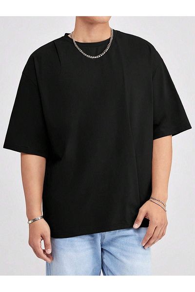 DUBU BUTİK Basic Single Jersey T-Shirt - Black Oversize Crew Neck T-Shirt