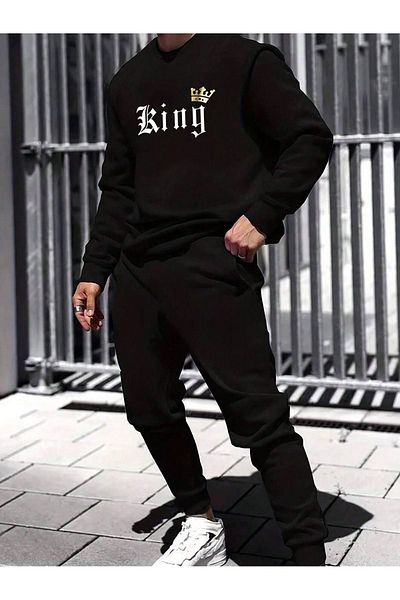 Sweetline Unisex Σετ φόρμας King Φούτερ Jogger - Μαύρη στάμπα Oversize Raster Crew Neck
