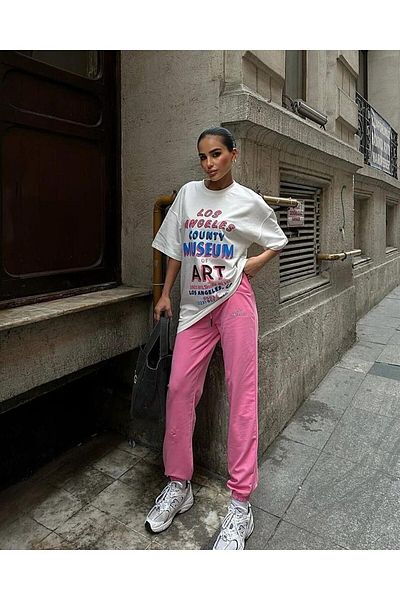 Sweetline Art Printed Λευκό T-shirt Ροζ Φούτερ Jogger-printed Φούτερ κοστούμι Oversize Crew Neck