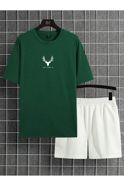 Sweetline Σορτς T-Shirt με λογότυπο Deer - Nefti Green White Bottom Σορτς Team T-Shirt Combined Printed Crew Neck