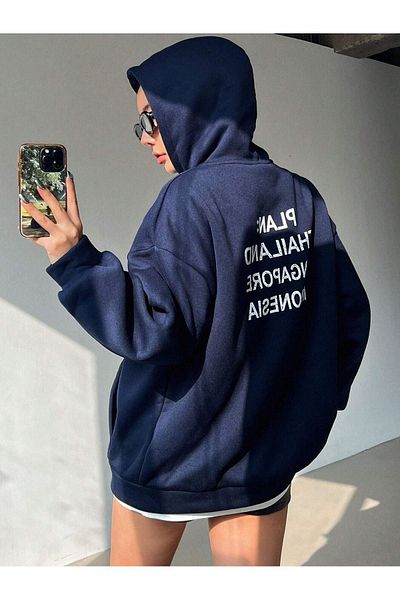 Sweetline Plain Thailand Sweatshirt - Navy Blue Printed Oversize Winter Thick Hoodie