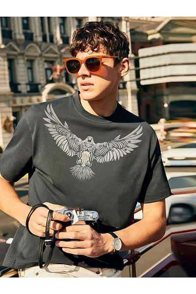 Sweetline Eagle Single Jersey Smoked Oversize T-Shirt - Crew Neck