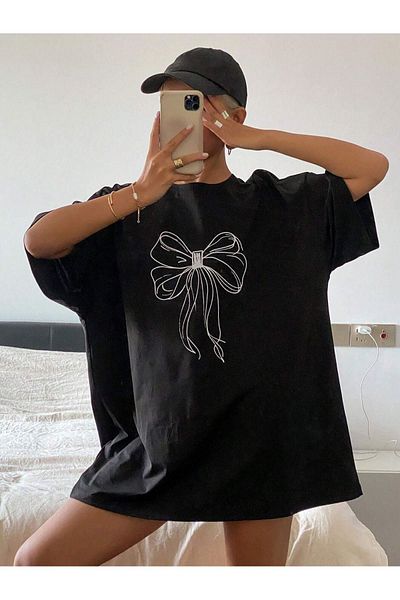 Sweetline Κορδέλες Μονό Ζέρσεϊ Μαύρο T-Shirt - Oversize Crew Neck, Κοντό μανίκι εμπριμέ