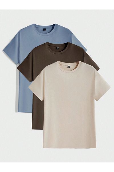 VBSVİBES Tricou de bază din jerseu de bază din 3 piese - Tricou supradimensionat cu gât crepus, albastru, maro, bej