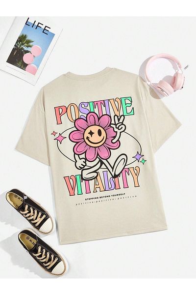 DUBU BUTİK Positive Flower Single Jersey T-Shirt - Beige Printed Oversize Crew Neck T-Shirt