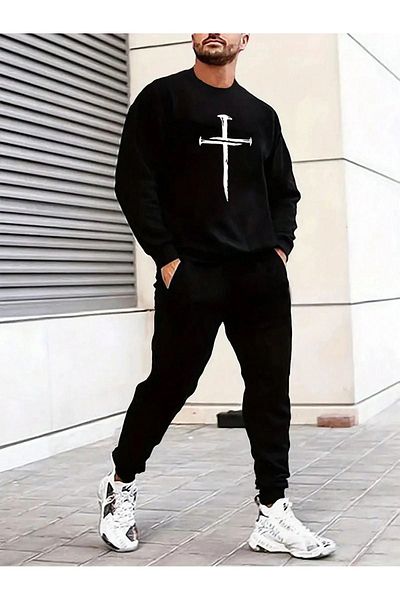 Sweetline Σετ αθλητικής φόρμας με μαύρη στάμπα - Φούτερ Jogger Crew Neck