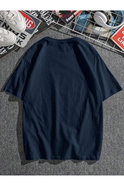 DUBU BUTİK Paris Single Jersey T-Shirt - Navy Blue Oversize Crew Neck Short Sleeve T-Shirt