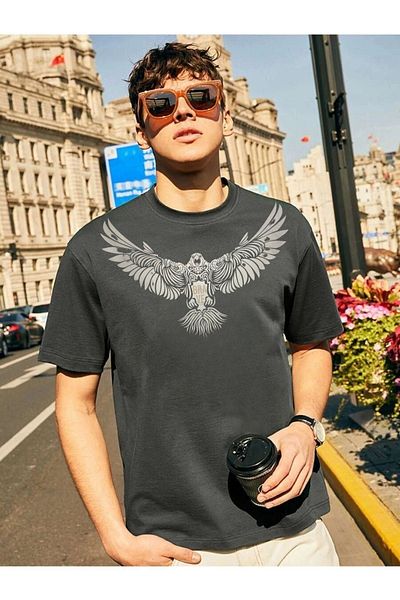 DUBU BUTİK Eagle Single Jersey T-Shirt - Smoked Printed Oversize Crew Neck T-Shirt