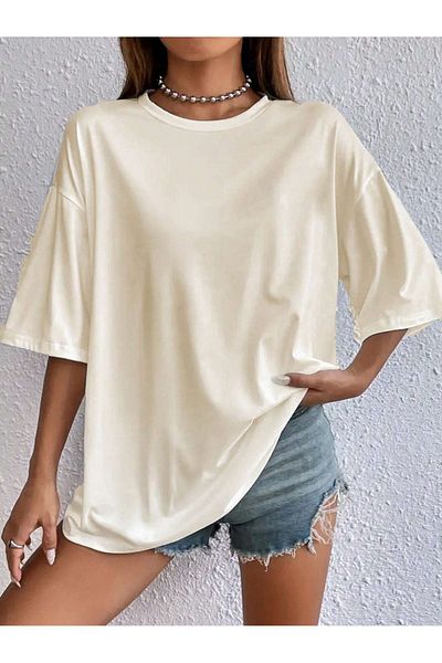DUBU BUTİK Nashville Tennessee Single Jersey T-Shirt - Beige Printed Oversize Crew Neck T-Shirt