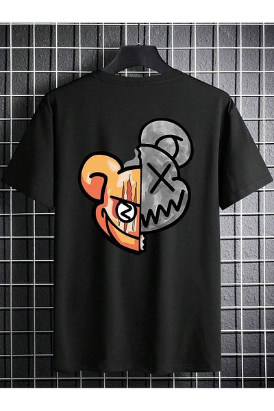 DUBU BUTİK Double Face Teddy Bear Single Jersey T-Shirt - Black Printed Oversize Crew Neck T-Shirt