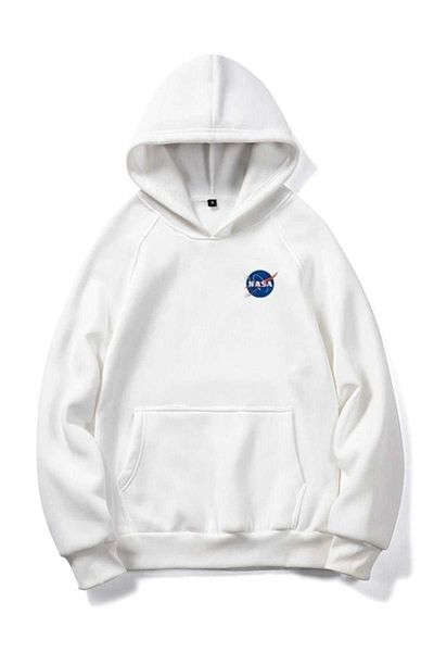 Sweetline Φούτερ με λογότυπο Nasa - Λευκή στάμπα Oversize Χειμερινή χοντρή κουκούλα