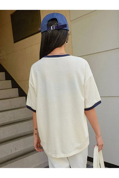 DUBU BUTİK Μπλουζάκι French Paris Piece Single Jersey - Μπεζ Navy Blue Oversize Crew Neck κοντομάνικο T-shirt