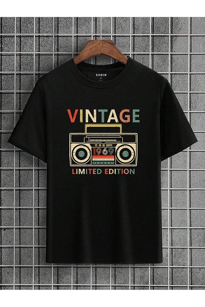 DUBU BUTİK Vintage 1969 Single Jersey T-Shirt - Black Printed Oversize Crew Neck T-Shirt