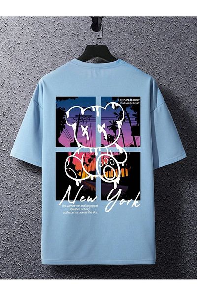 VBSVİBES Tricou New York Bear Single Jersey - Tricou oversize cu gât crew cu imprimeu albastru bebeluș