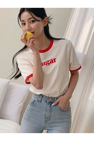 DUBU BUTİK Μπλουζάκι μονό ζέρσεϊ με κομμάτι ζάχαρης - Κόκκινο και λευκό μπλουζάκι με κοντό μανίκι με λαιμόκοψη