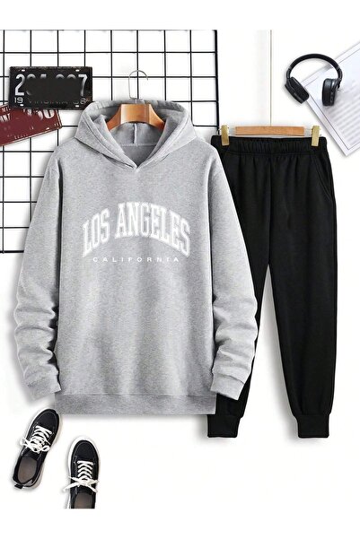 Sweetline Σετ φόρμας Los Angeles California Γκρι φούτερ Μαύρο Jogger - Printed Oversize Hooded