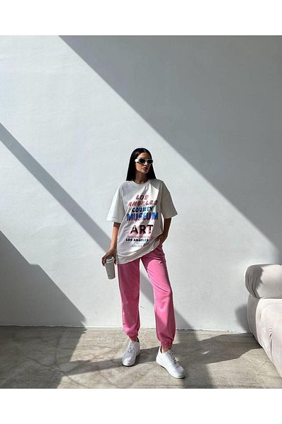 Sweetline Art Printed Λευκό T-shirt Ροζ Φούτερ Jogger-printed Φούτερ κοστούμι Oversize Crew Neck