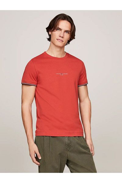 Tommy Hilfiger Men's Red T-Shirt - Plain Model Short Sleeve Woven Fabric