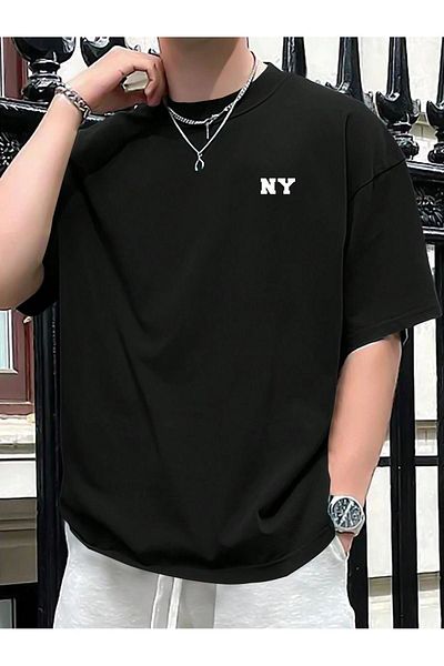 DUBU BUTİK Ny Text Single Jersey T-Shirt - Black Printed Oversize Crew Neck T-Shirt