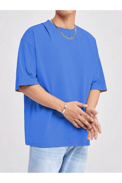 DUBU BUTİK Basic Single Jersey T-Shirt - Sax Blue Oversize Crew Neck T-Shirt