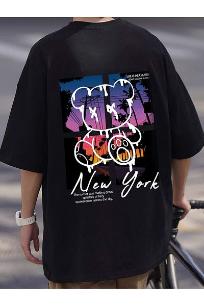 DUBU BUTİK New York Bear Single Jersey T-Shirt - Black Printed Oversize Crew Neck T-Shirt