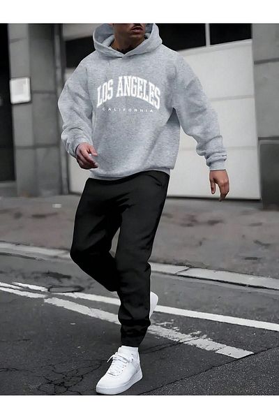 Sweetline Σετ φόρμας Los Angeles California Γκρι φούτερ Μαύρο Jogger - Printed Oversize Hooded