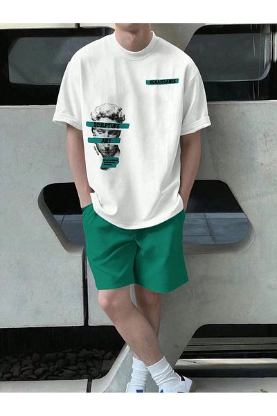 Sweetline T-Shirt Shorts - Λευκό Πράσινο κάτω επάνω ομαδικό σορτς Combo T-Shirt με εμπριμέ λαιμόκοψη
