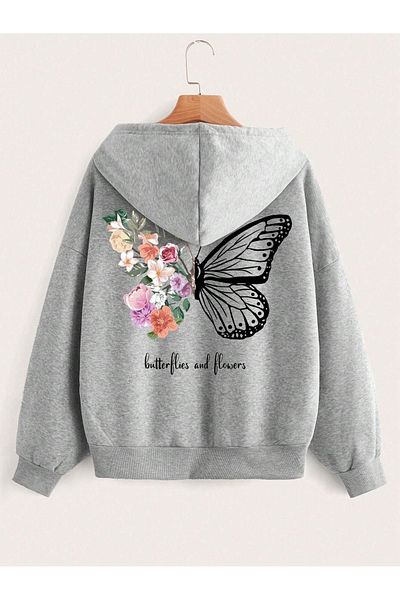 Sweetline Flower Butterfly Zippered Cardigan Sweatshirt - Gray Printed Oversize Winter Thick Hoodie