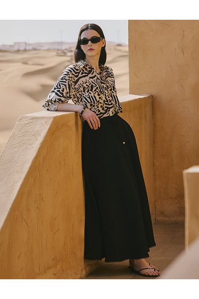 Kayra Dark Black Animal Print Shirt Collar Tunic