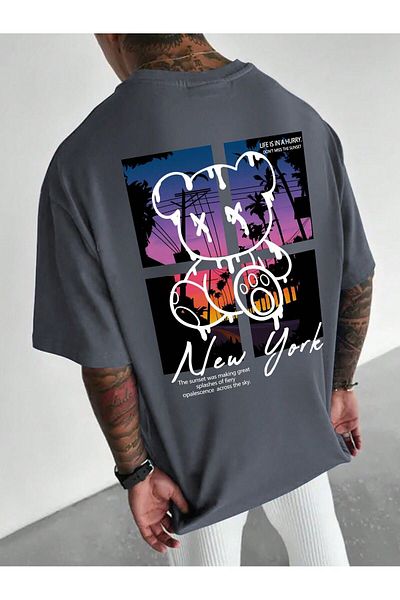 DUBU BUTİK New York Bear Single Jersey T-Shirt - Smoke Printed Oversize Crew Neck T-Shirt
