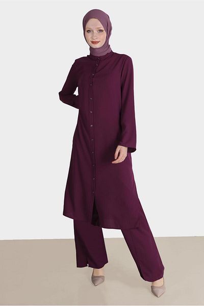 Alvina Neck Buttoned Double Trousers with Slit Detail.Team - 42517