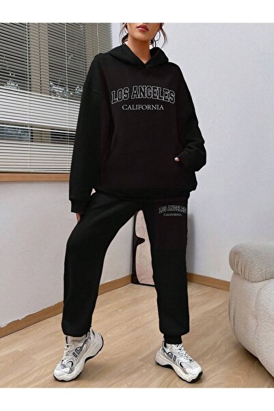 Mythologie Los Angeles Pattern Sweatshirt Sweatpants Jogger - Black Printed Bottom Top Tracksuit Set Hooded