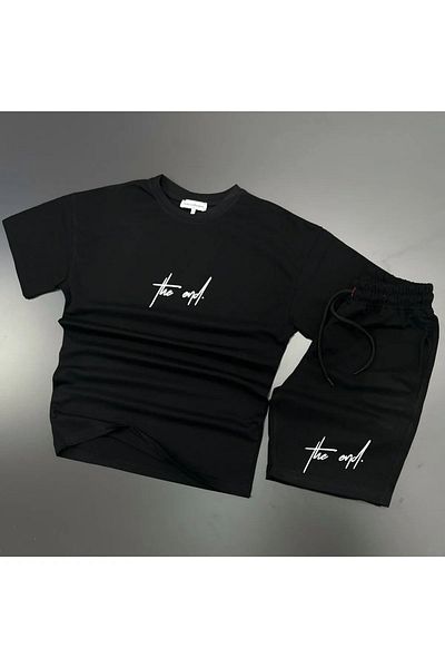 Mythologie The End T-shirt Combed Cotton Shorts - Black Shorts T-Shirt Bottom Top Set Printed Oversize Crew Neck