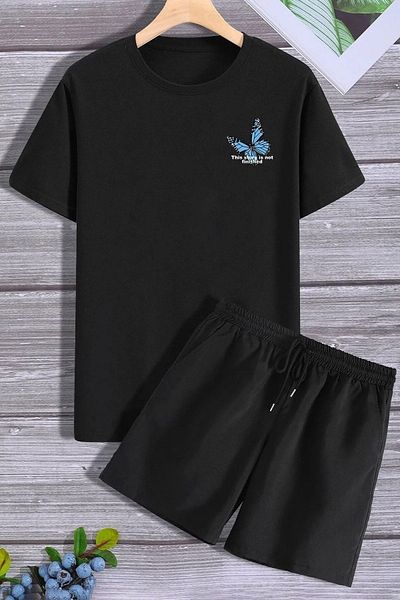 Mythologie Kelebek Story Black T-shirt Black Combed Cotton Shorts - Top and Bottom Set Printed Oversize Crew Neck