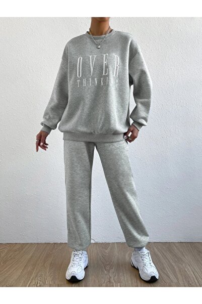 Mythologie Women's Gray Overthinking Printed Bottom Top Tracksuit Set Oversize Crew Neck