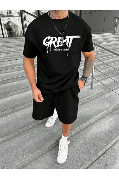 Mythologie Great T-Shirt Shorts - Black Shorts T-Shirt Bottom Top Set Printed Crew Neck