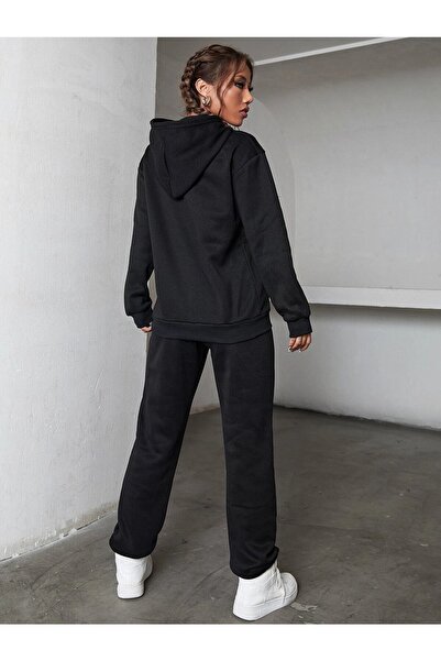 Mythologie Women's Black Los Angeles Bottom Top Tracksuit Set Oversize Hooded