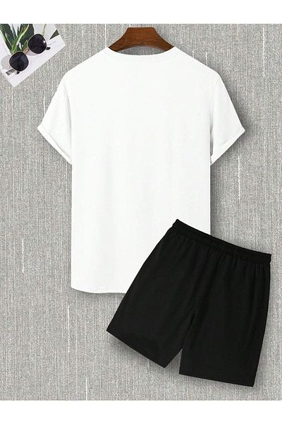 Mythologie Slow down White T-Shirt Black Shorts Bottom Top Set Printed Oversize Crew Neck