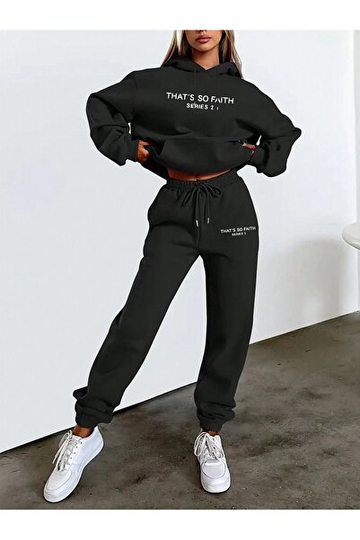 Mythologie That So Faith Sweatshirt Sweatpants Jogger - Black Printed Bottom Top Tracksuit Set Hooded