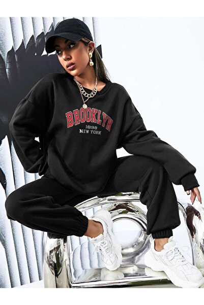 Mythologie Women's Black Brooklyn 1898 Bottom Top Tracksuit Set Oversize Crew Neck