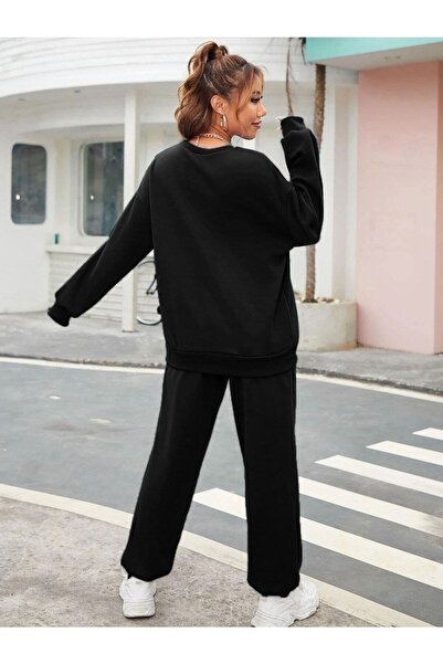 Mythologie Women's Black Tennis Printed Top and Bottom Tracksuit Set Oversize Crew Neck